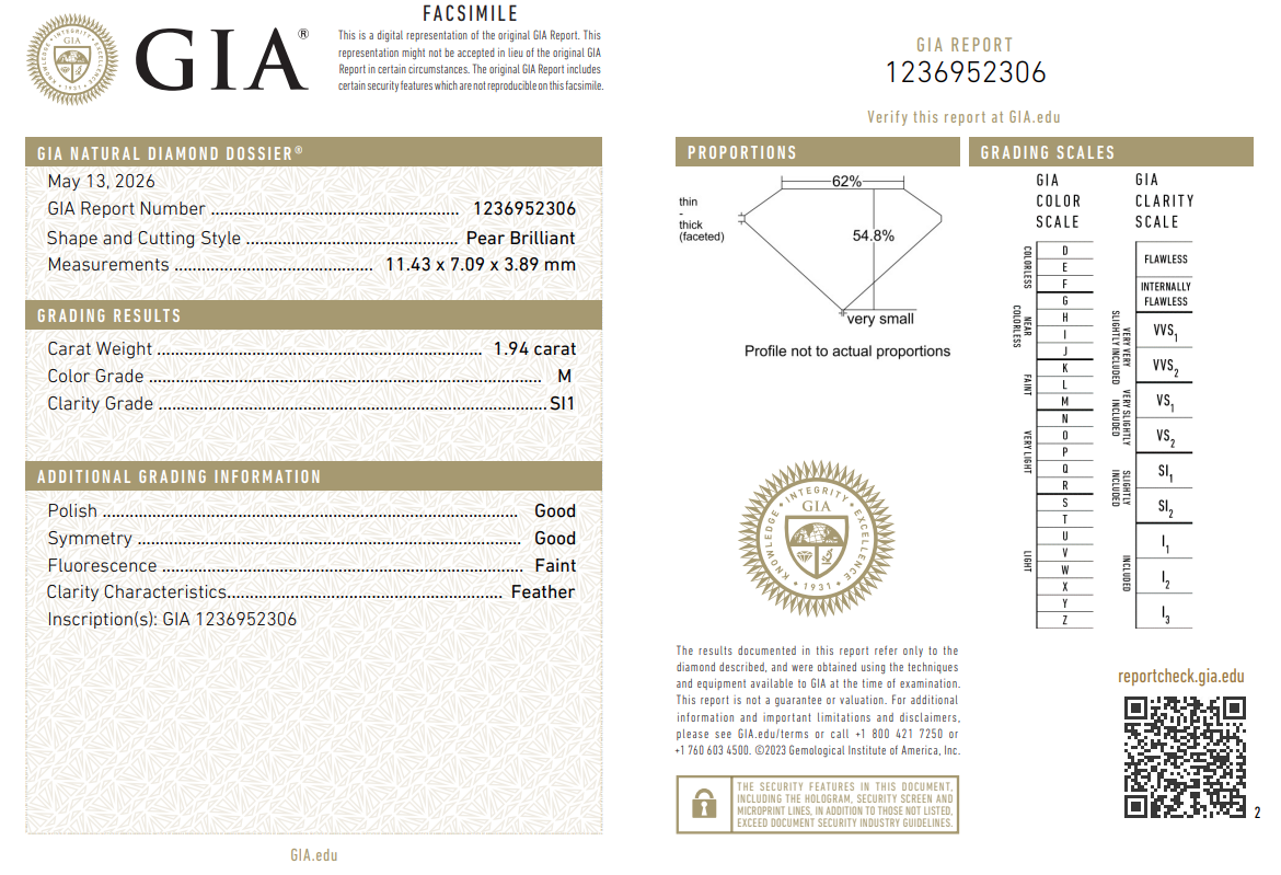 1.94 Ct Pear Shape Diamond GIA Certified M-SI1 Loose