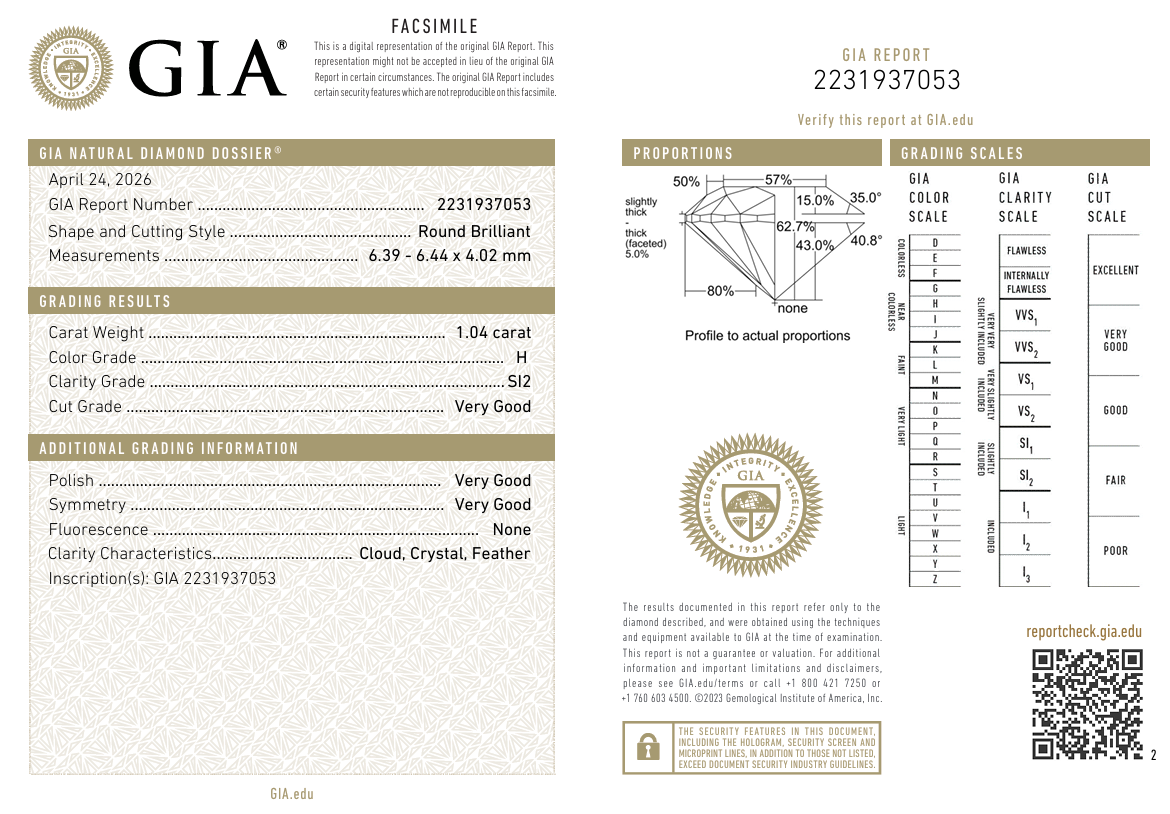 1.04 Carat Round Brilliant Diamond Loose H-SI2 with GIA Certificate