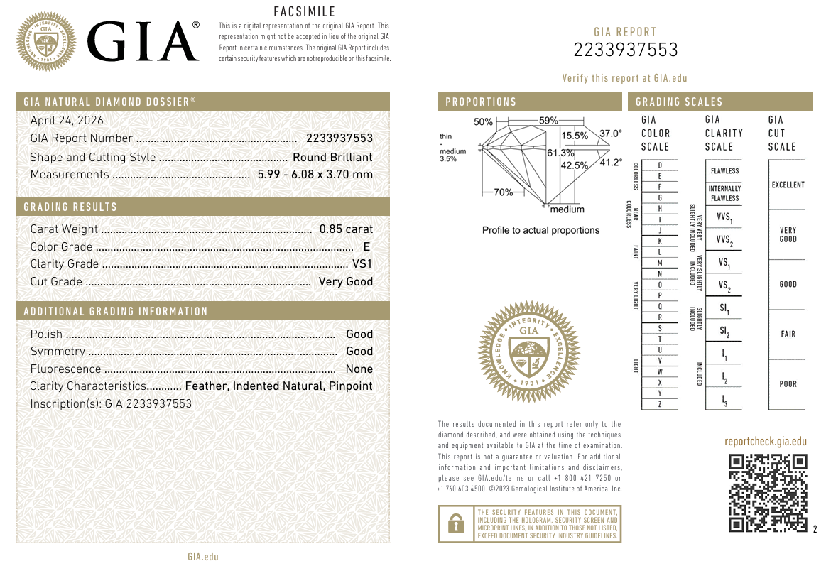 Loose 0.85 Ct Round Brilliant Diamond E-VS1 with GIA Certificate
