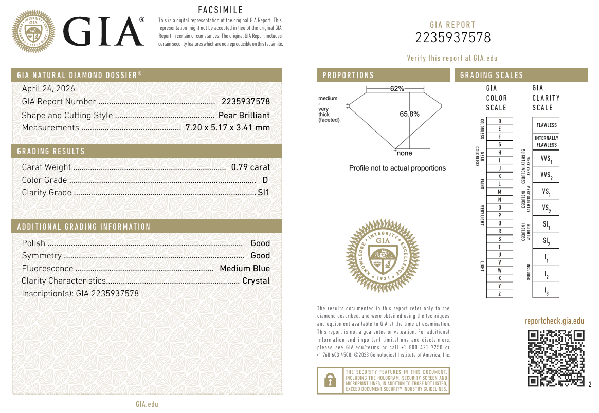 0.79 Carat Pear Shape Diamond D-SI1 Natural GIA Loose