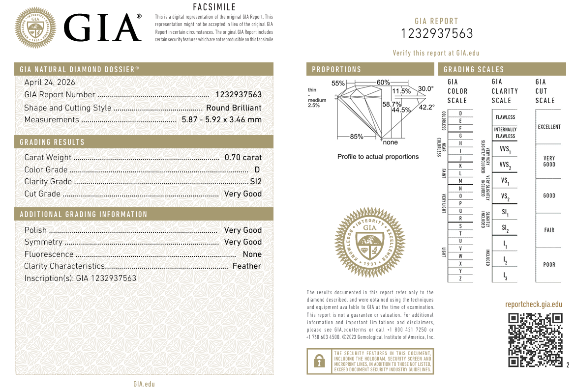 0.7 Ct Round Brilliant Diamond Natural D-SI2 Loose GIA Certified