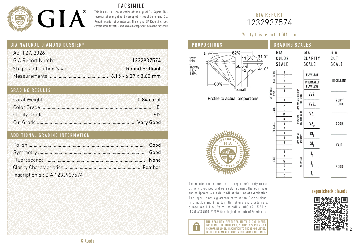 0.84 Ct Round Brilliant Diamond Natural E-SI2 Loose GIA Certified