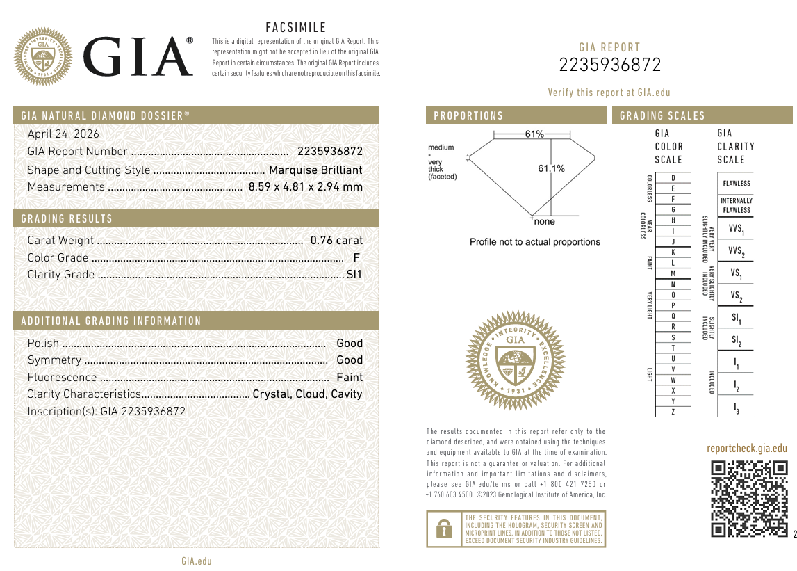 0.76 Carat Marquis Shape Diamond GIA Certified F-SI1 Natural