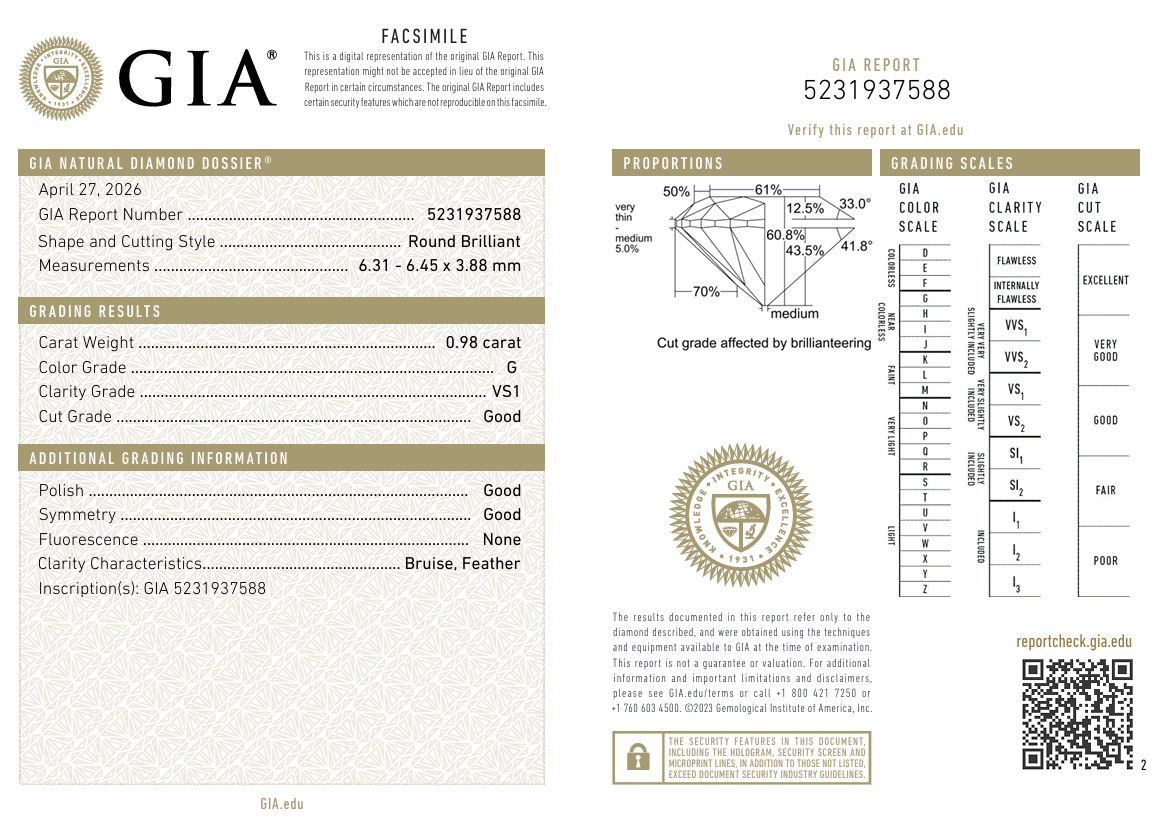 GIA Certified Collector Loose 0.98 Carat Round Brilliant Diamond G-VS1