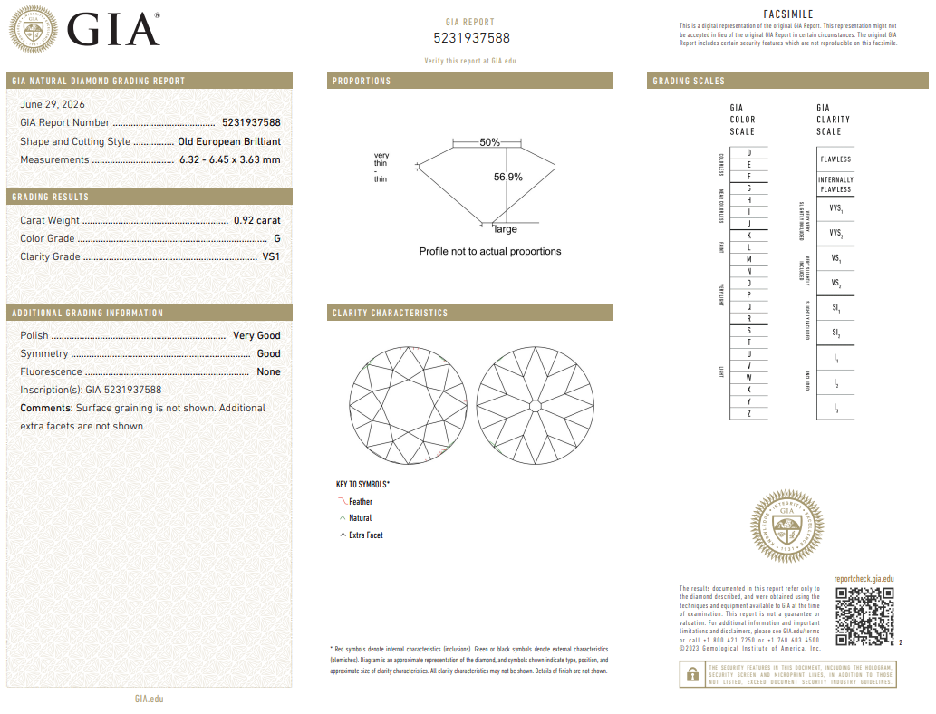 0.92 Ct Old European Cut Diamond G-VS1 Artisan Loose GIA Natural
