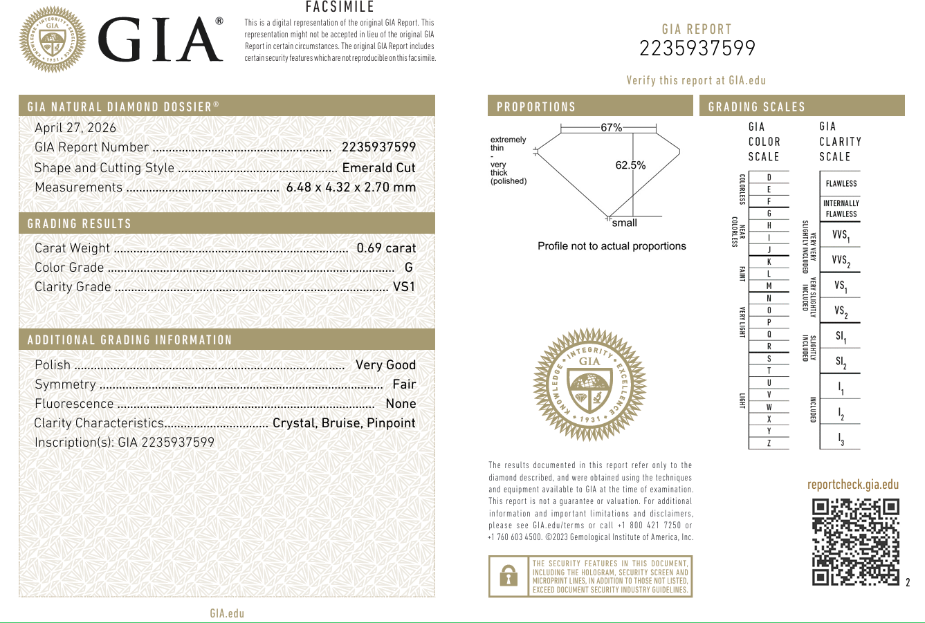 Natural 0.69 Ct Emerald Cut Diamond G-VS1 with GIA Certificate