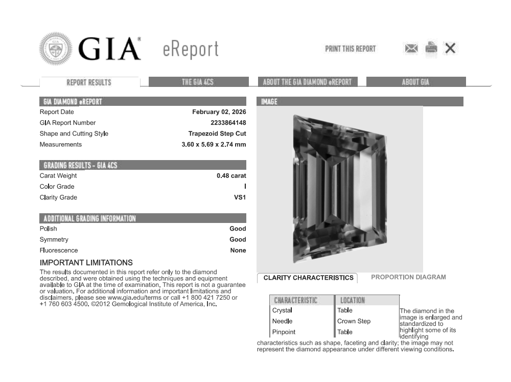 0.48 Carat Trapezoid Shape Natural Mined Diamond I Color VS1 Clarity With GIA Certificate