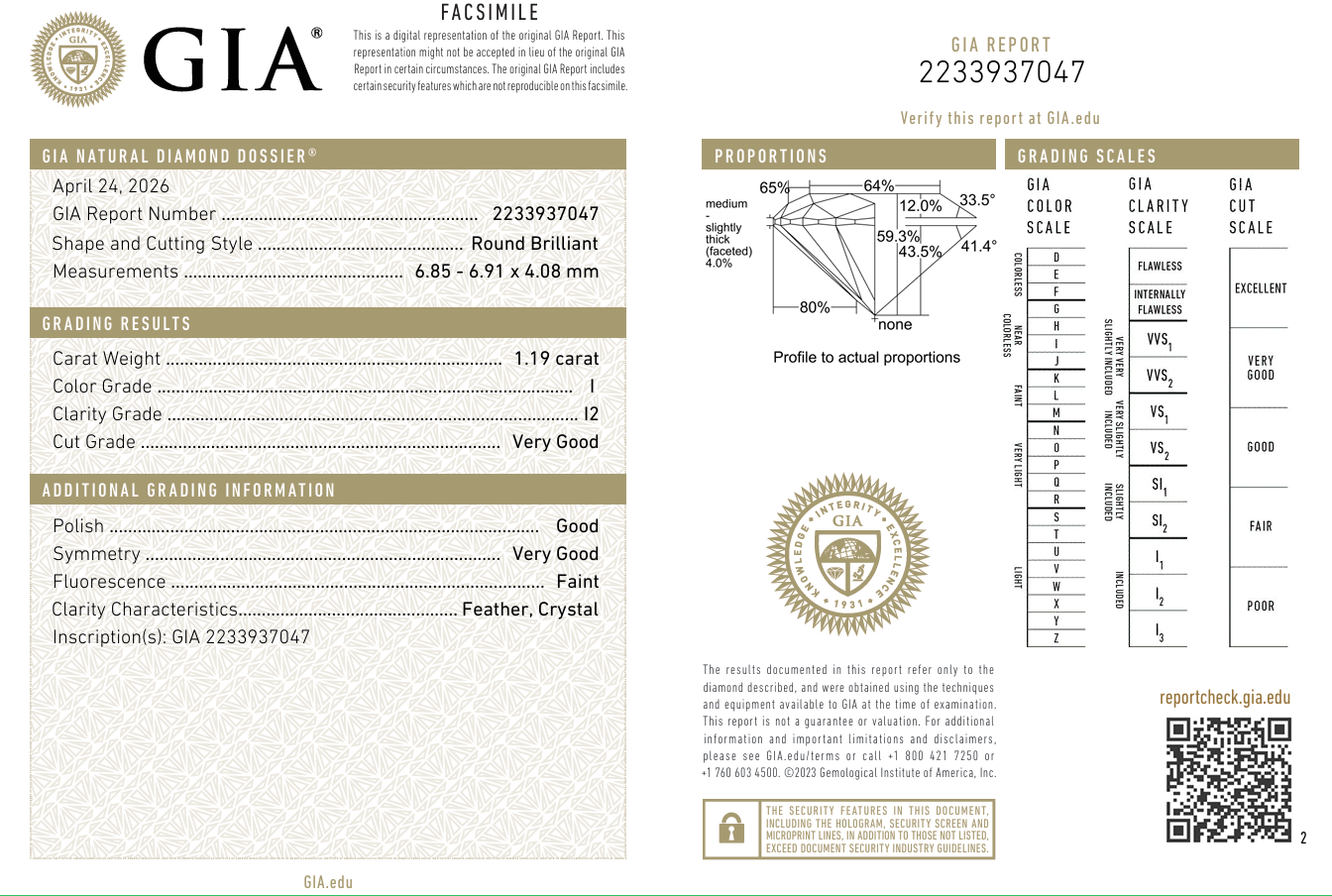 1.19 Carat Round Brilliant Diamond Loose I-I2 Natural GIA Certified