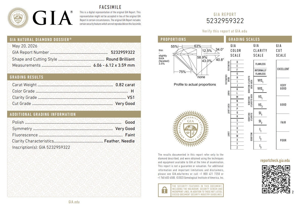 GIA Certified Loose 0.82 Ct Round Brilliant Diamond Natural H-VS1
