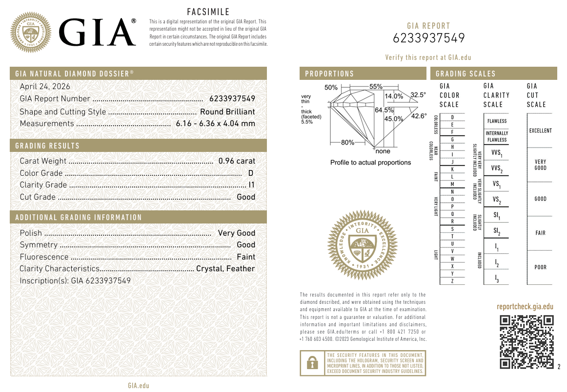 0.96 Carat Round Brilliant Diamond Natural D-I1 Loose GIA Certified