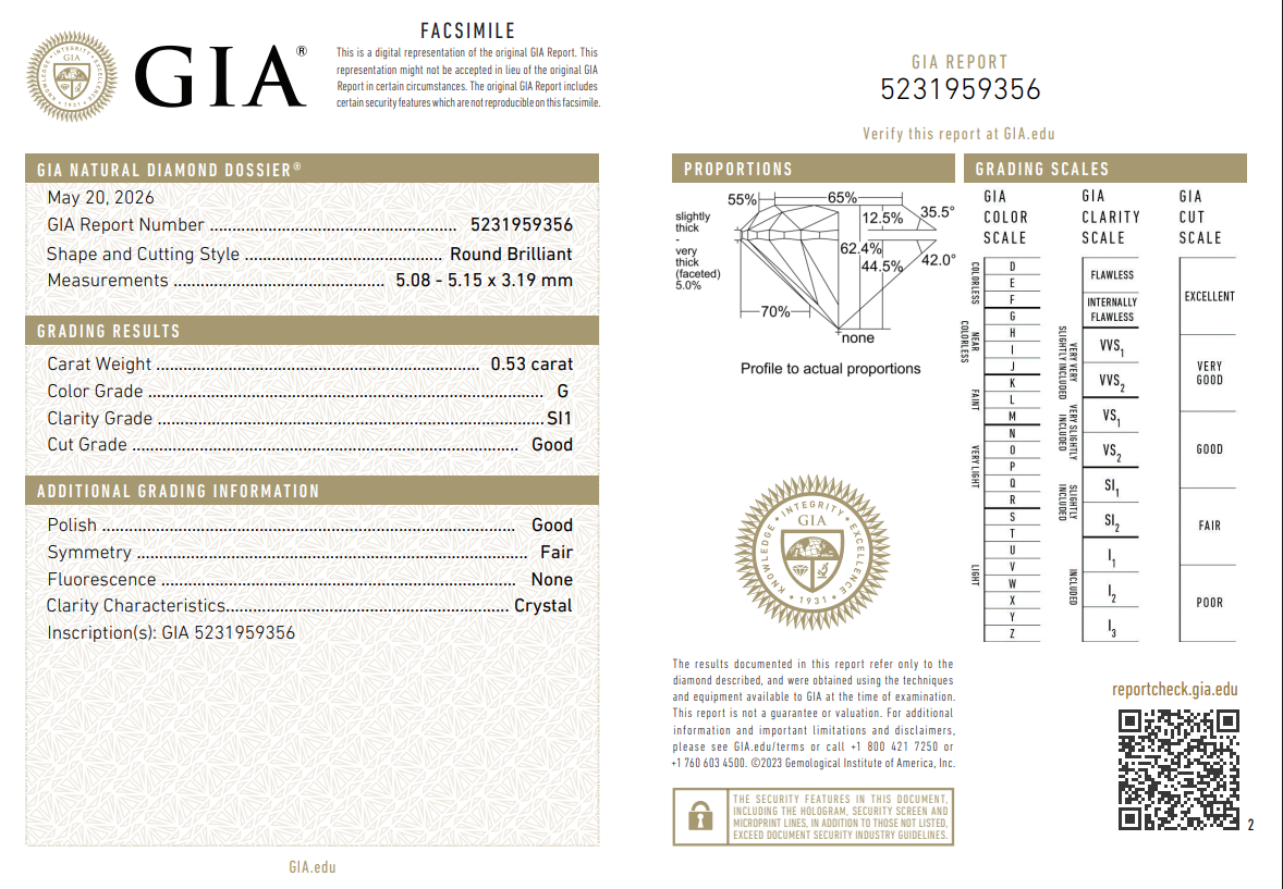0.53 Carat Round Brilliant Diamond G-SI1 Natural Loose GIA Certified
