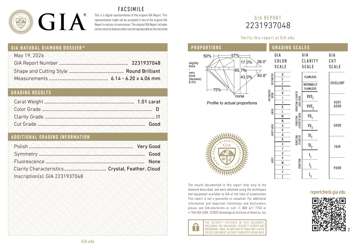 GIA Certified 1.01 Ct Round Brilliant Diamond Loose D-I1 Natural