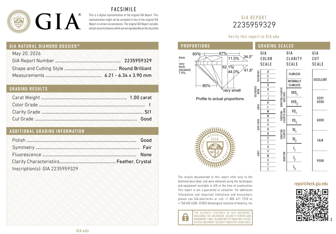 GIA Certified Natural 1 Carat Round Brilliant Diamond Loose I-SI1