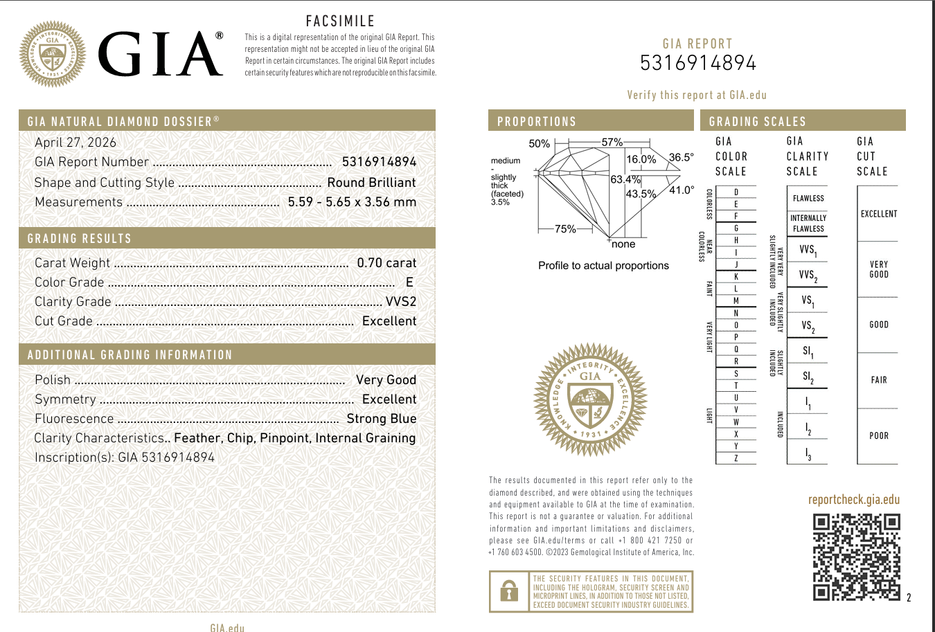 0.7 Ct Round Brilliant Diamond GIA Certified E-VVS2 Natural