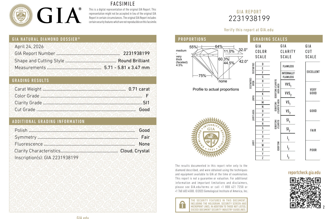 0.71 Carat Round Brilliant Diamond Loose Natural F-SI1 GIA