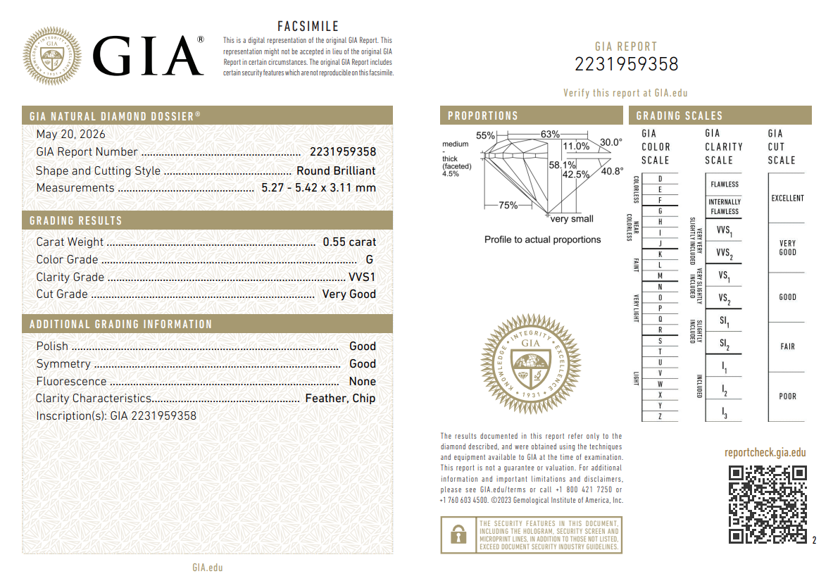 0.55 Carat Round Brilliant Diamond Natural Loose G-VVS1 GIA