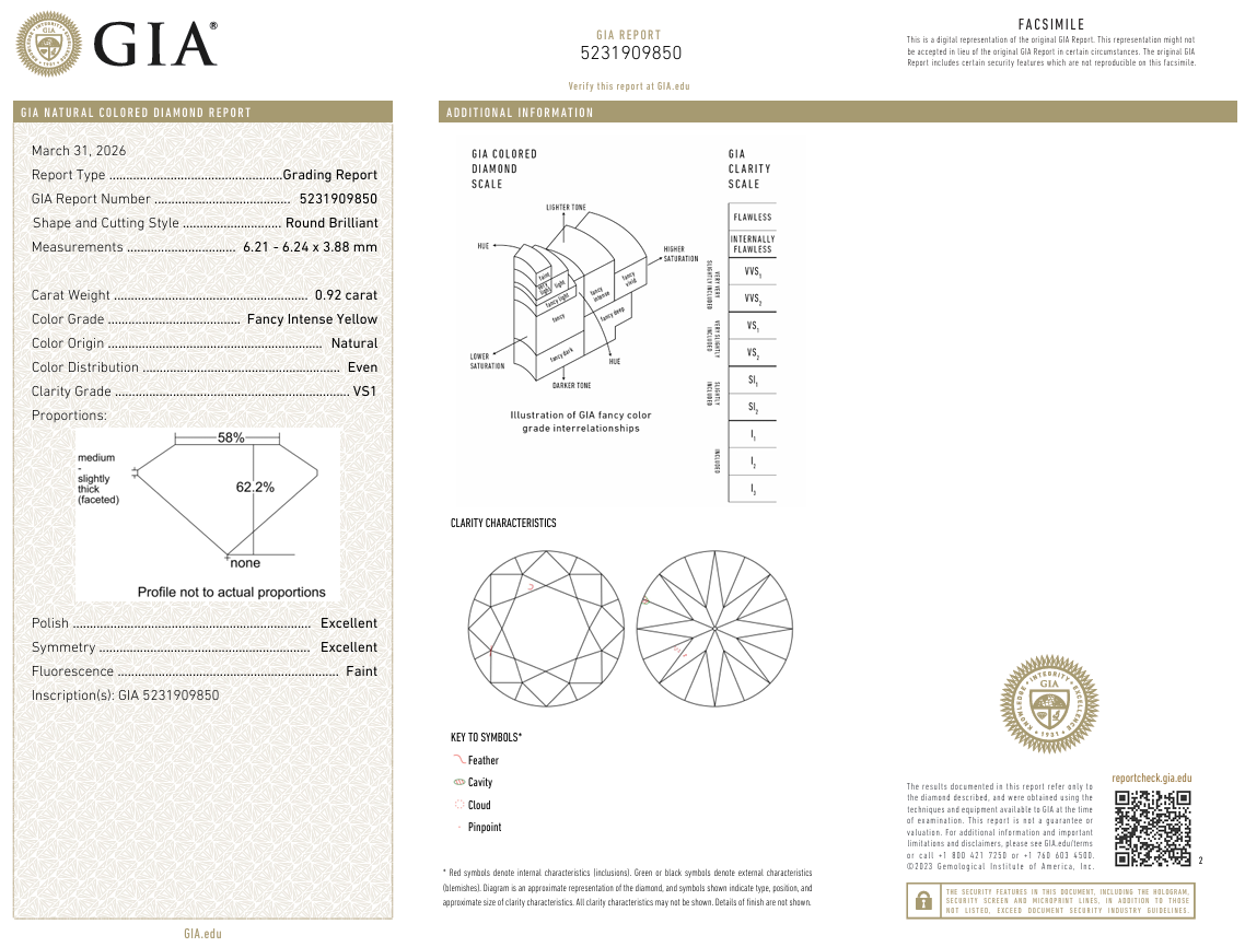 GIA Certified 0.92 Ct Round Brilliant Diamond FANCY INTENSE FANCY YELLOW-VS1 Natural Loose