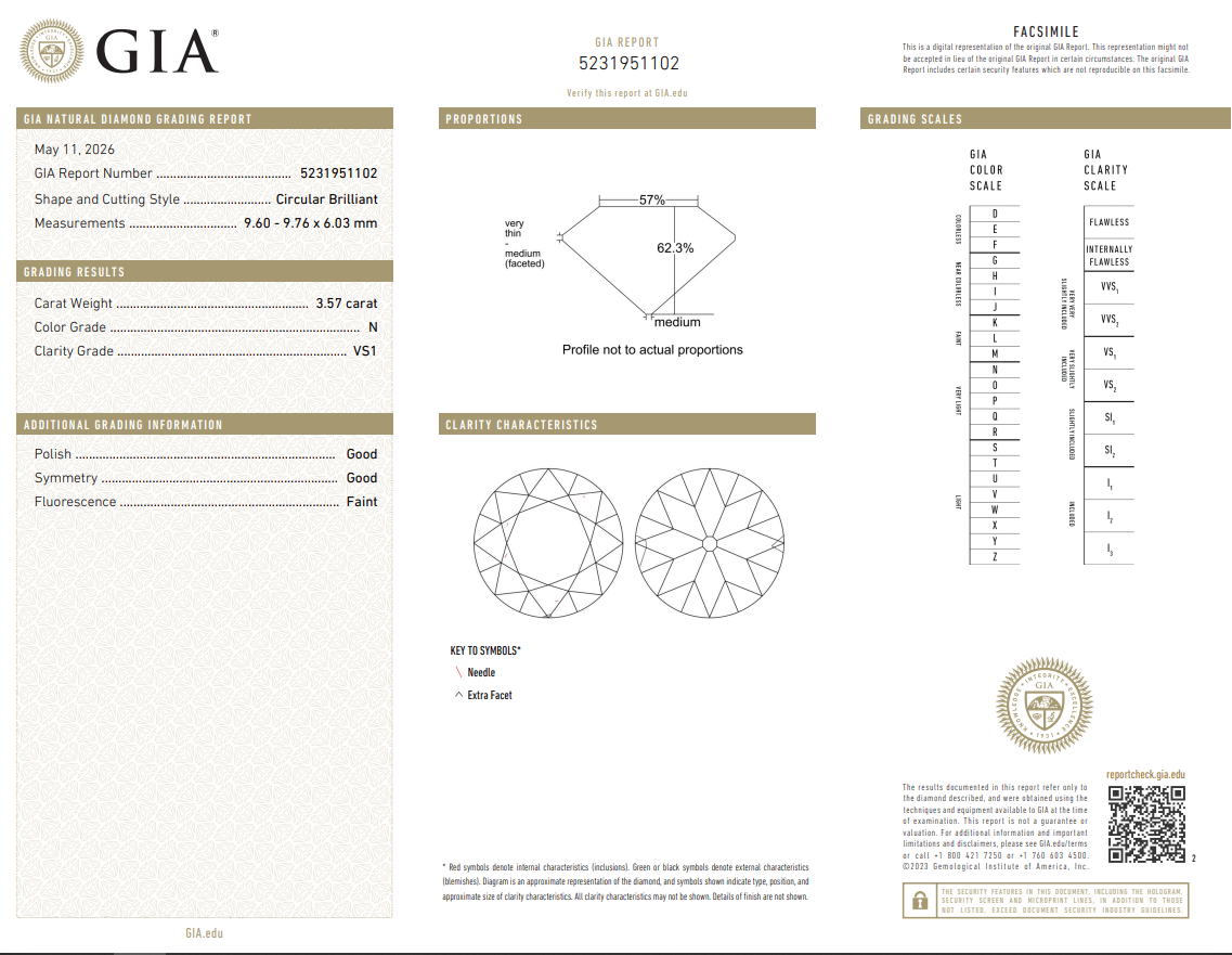 GIA Certified Natural Original Cut 3.57 Carat Round Brilliant Diamond N-VS1