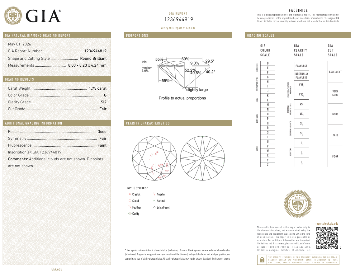 1.75 Ct Round Brilliant Diamond G-SI2 Historic Cut GIA Loose Natural