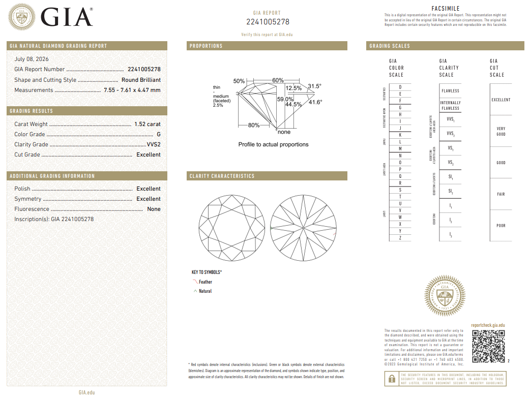 1.52 Ct Round Brilliant Diamond G-VVS2 Natural Loose GIA Certified