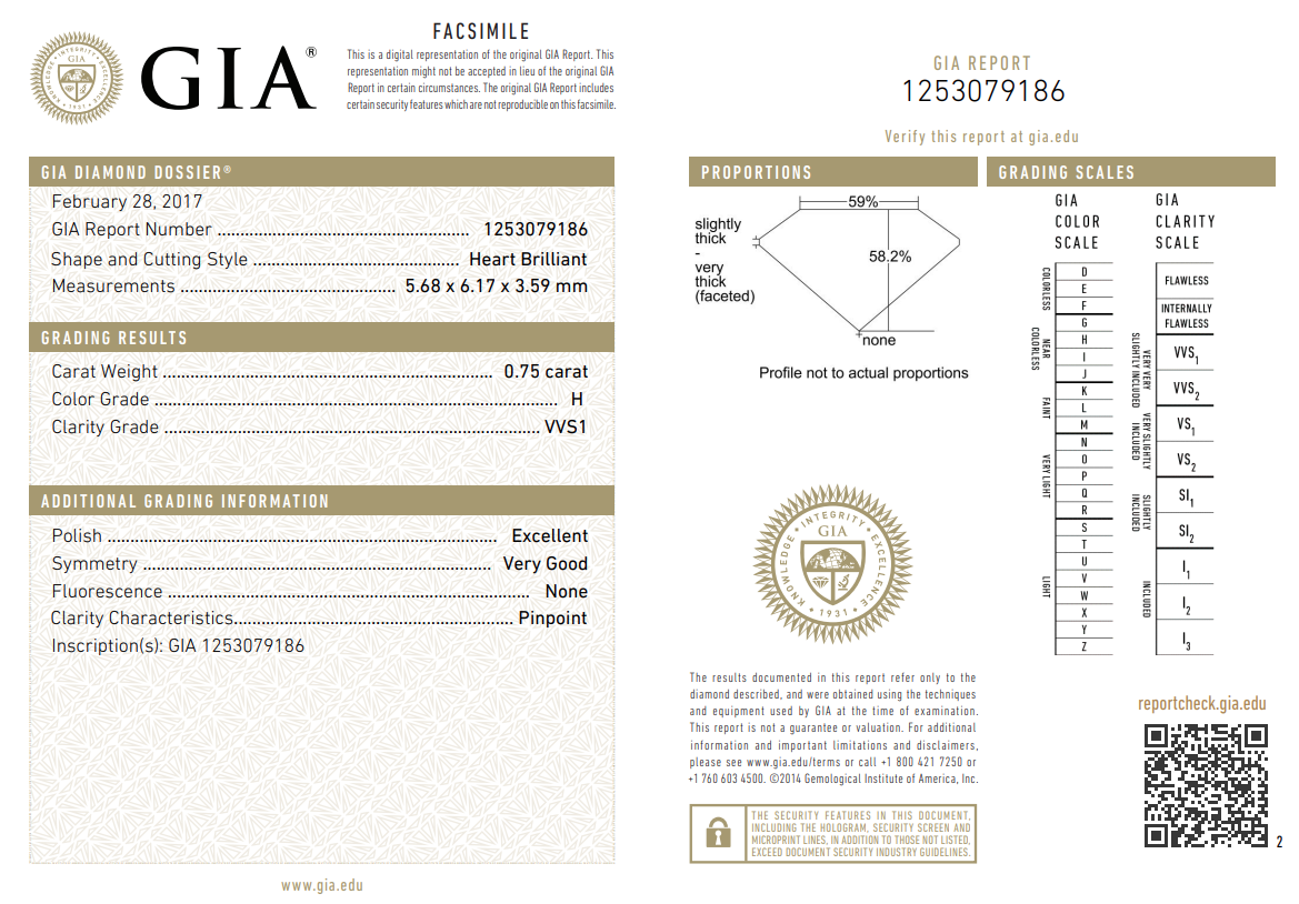 GIA Certified 0.75 Carat Heart Shape Diamond Loose H-VVS1 Natural