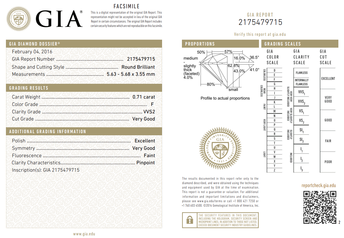 GIA Certified Natural Loose 0.71 Carat Round Brilliant Diamond F-VVS2