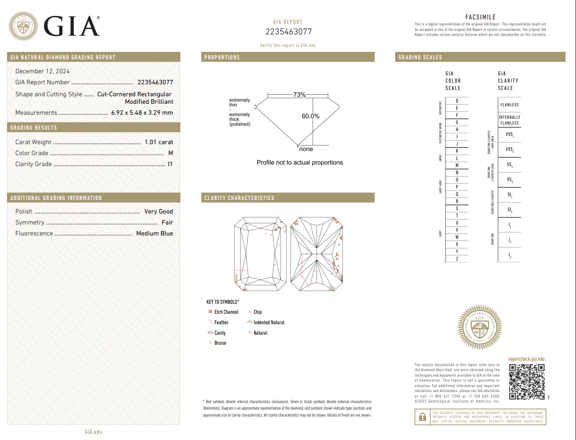 1.01 Carat Radiant Cut Diamond Loose M-I1 Natural GIA Certified
