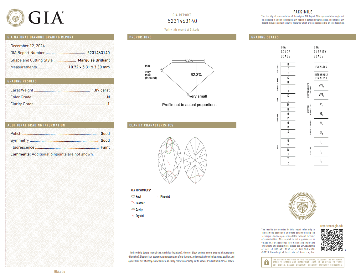 Natural 1.09 Ct Marquis Shape Diamond N-I1 with GIA Certificate