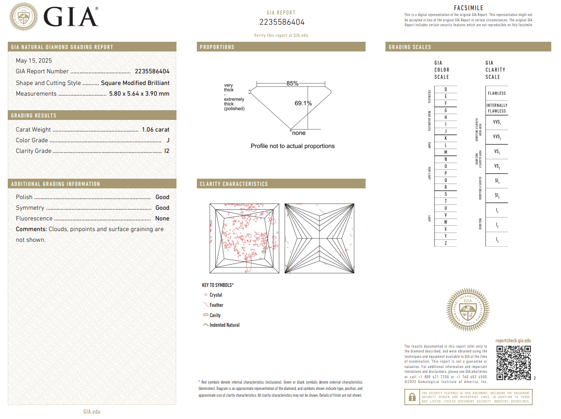1.06 Carat Princess Cut Diamond Loose Natural J-I2 GIA