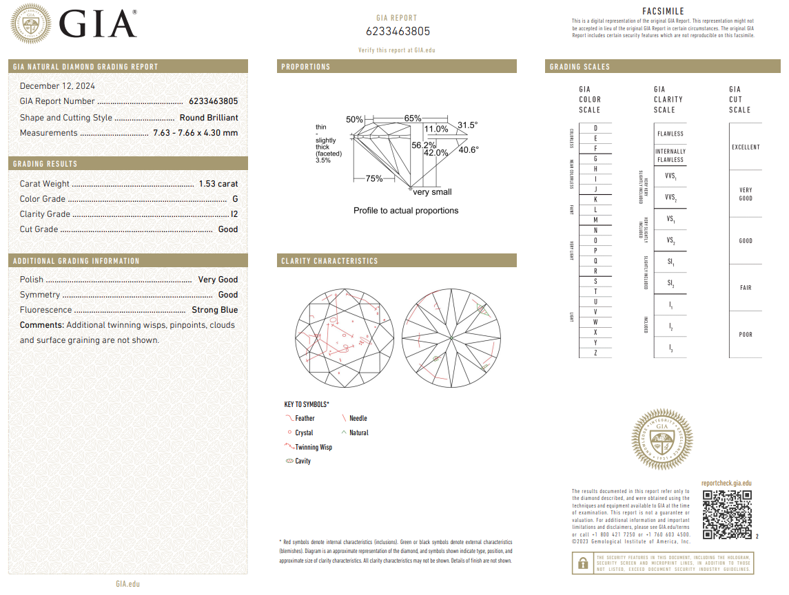 1.53 Carat Round Brilliant Diamond G-I2 Natural Loose GIA