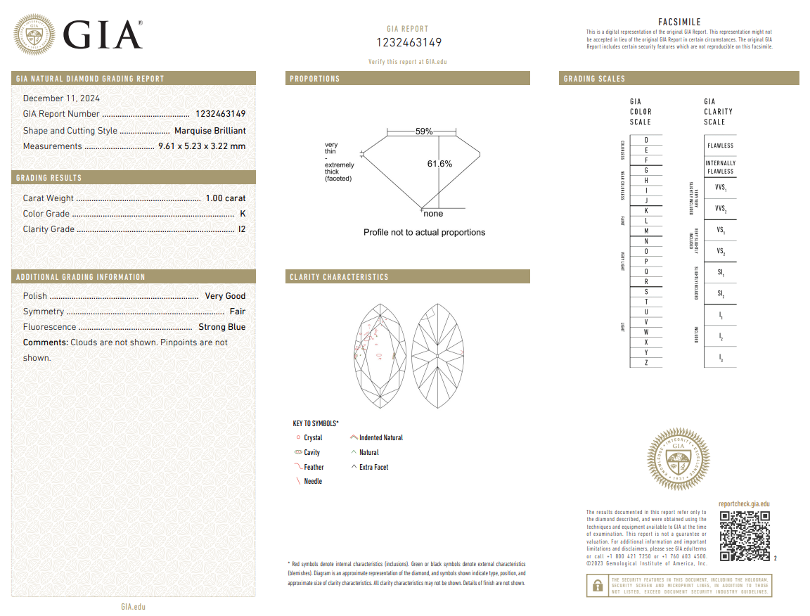 Natural 1 Carat Marquis Shape Diamond K-I2 with GIA Certificate