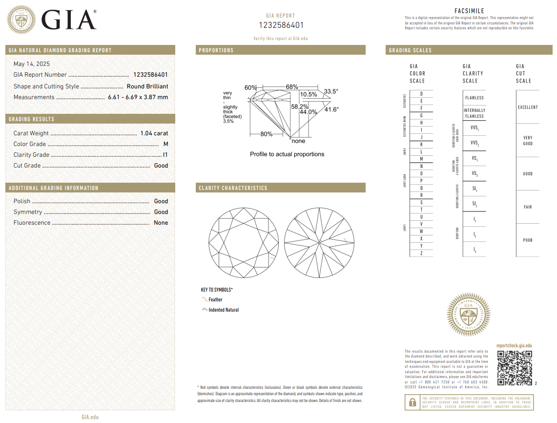 1.04 Carat Round Brilliant Diamond M-I1 Loose GIA Natural