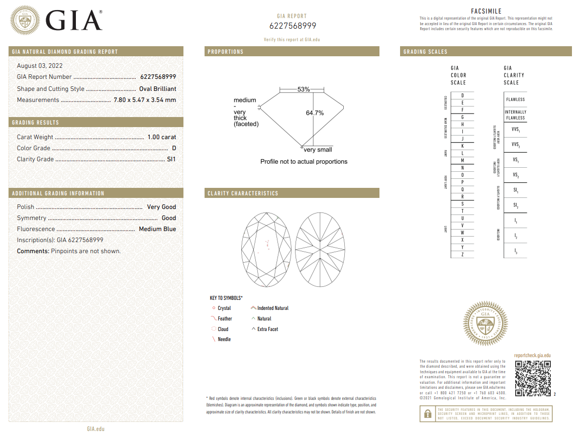 GIA Certified 1 Carat Oval Shape Diamond Natural D-SI1 Loose