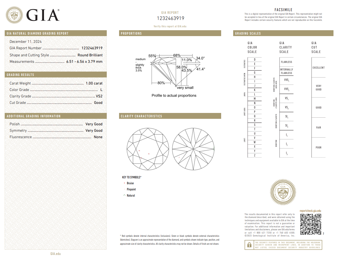 GIA Certified Loose 1 Ct Round Brilliant Diamond Natural L-VS2