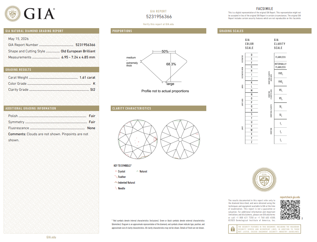Natural 1.61 Ct Old European Cut Diamond K-SI2 with GIA Certificate
