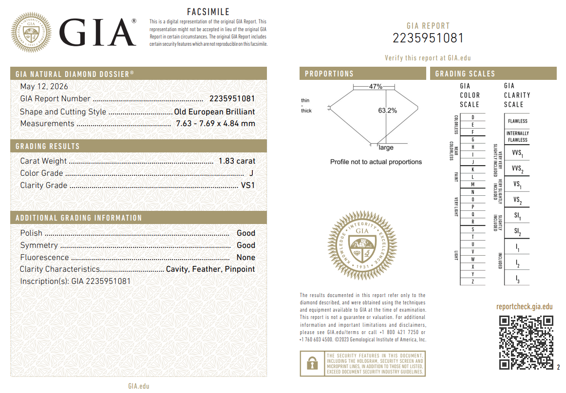 GIA Certified Natural 1.83 Ct Old European Cut Diamond Stone J-VS1