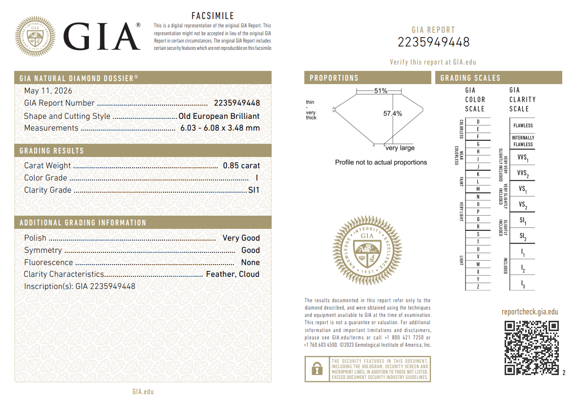 Natural 0.85 Carat Old European Cut Diamond I-SI1 with GIA Certificate