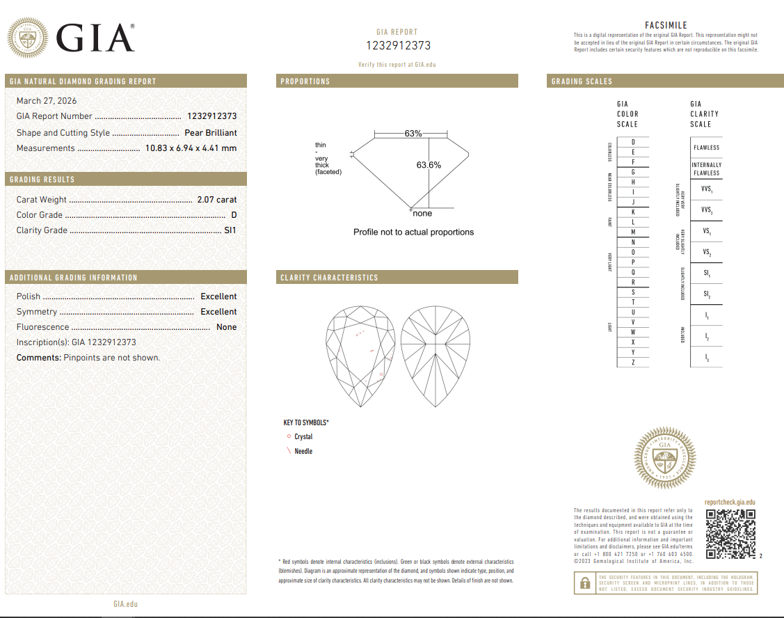 2.07 Carat Pear Shape Diamond Loose D-SI1 with GIA Certificate