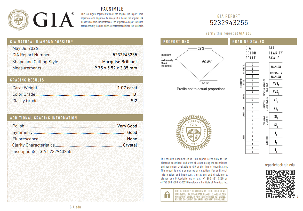 1.07 Ct Marquis Shape Diamond GIA Certified D-SI2 Natural