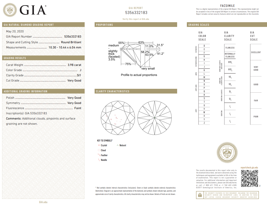 3.98 Carat Round Brilliant Diamond Loose Natural J-SI1 GIA
