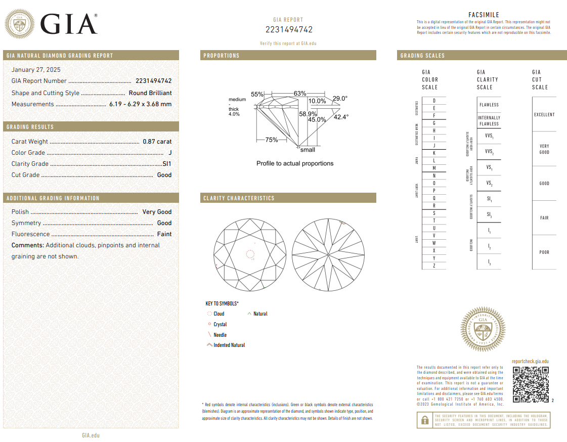 GIA Certified Loose 0.87 Carat Round Brilliant Diamond Natural J-SI1