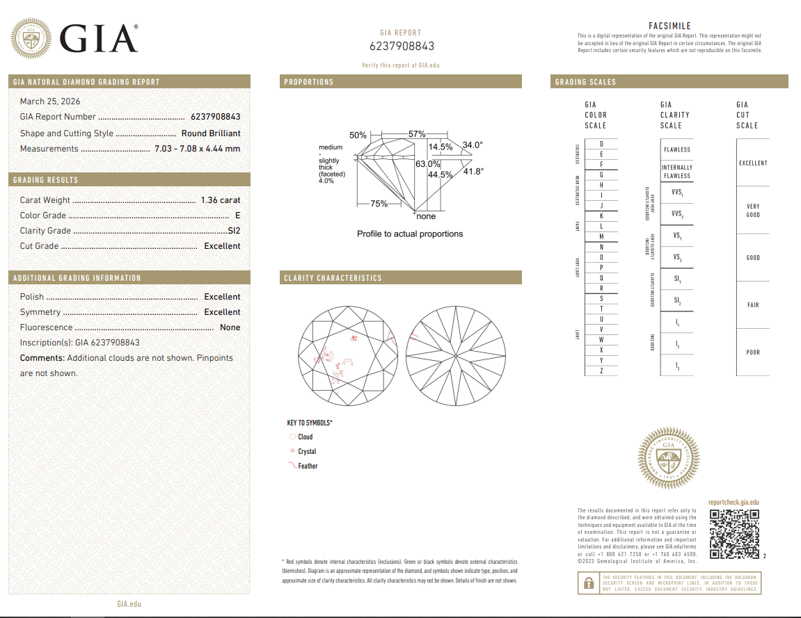 1.36 Carat Round Brilliant Diamond Loose E-SI2 Natural GIA Certified