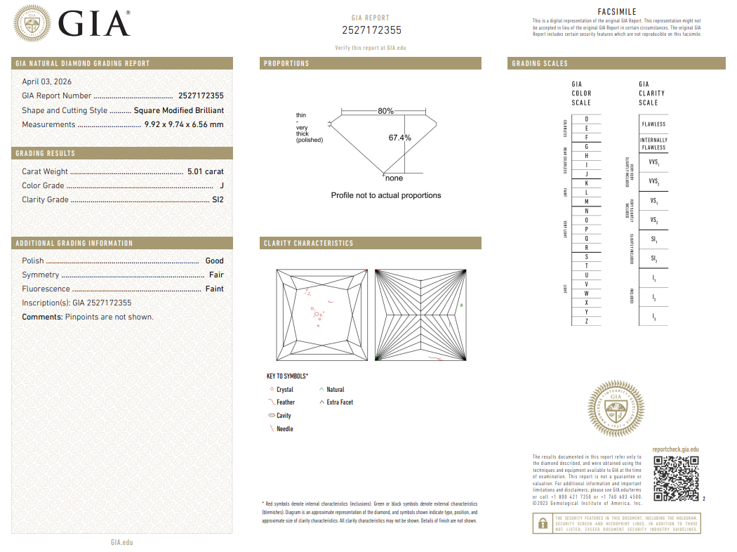 Loose Natural 5.01 Ct Princess Cut Diamond GIA Certified J-SI2