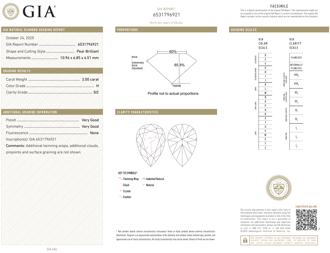 Natural Loose 2 Ct Pear Shape Diamond GIA Certified H-SI2