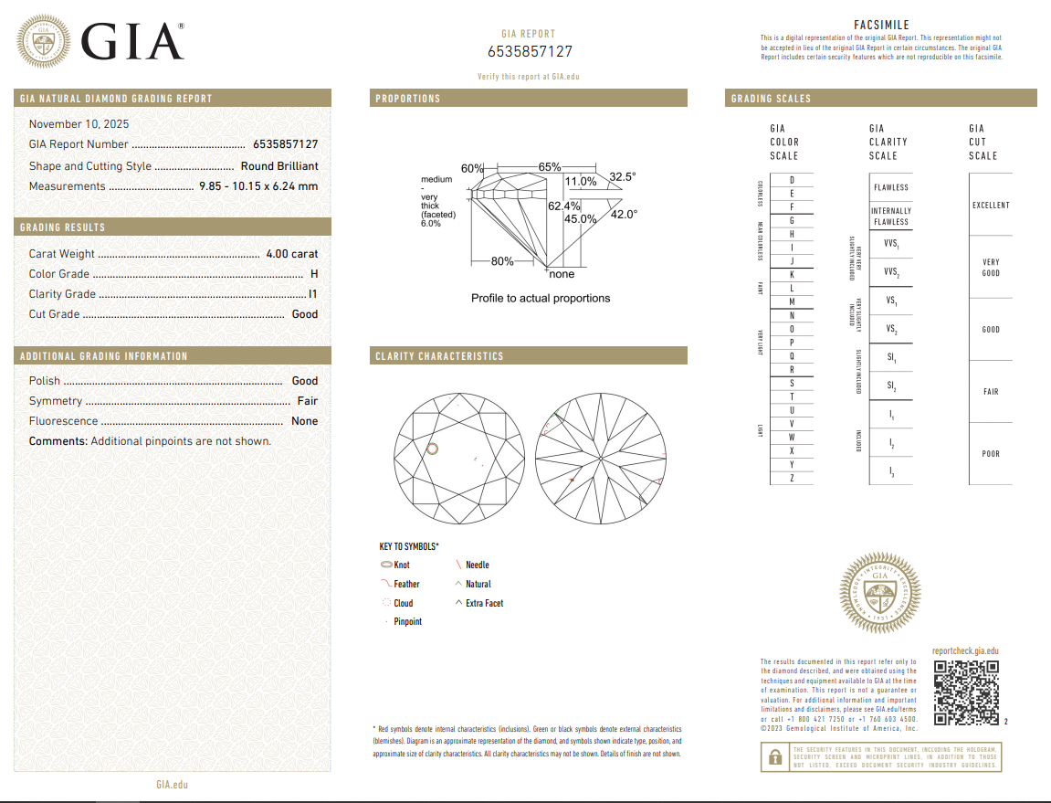 4 Ct Round Brilliant Diamond Loose H-I1 Natural GIA Certified