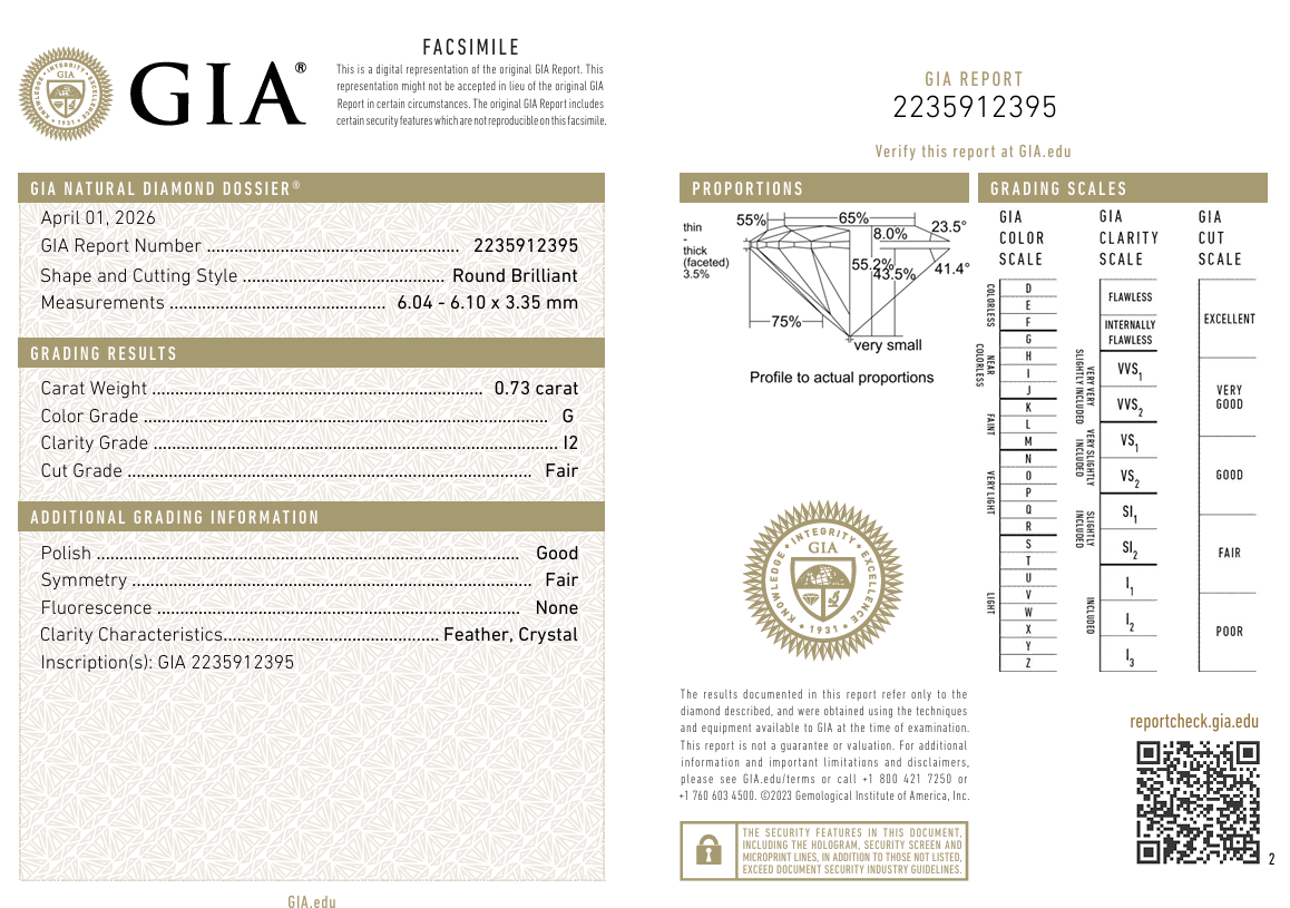 0.73 Ct Round Brilliant Diamond GIA Certified G-I2 Loose