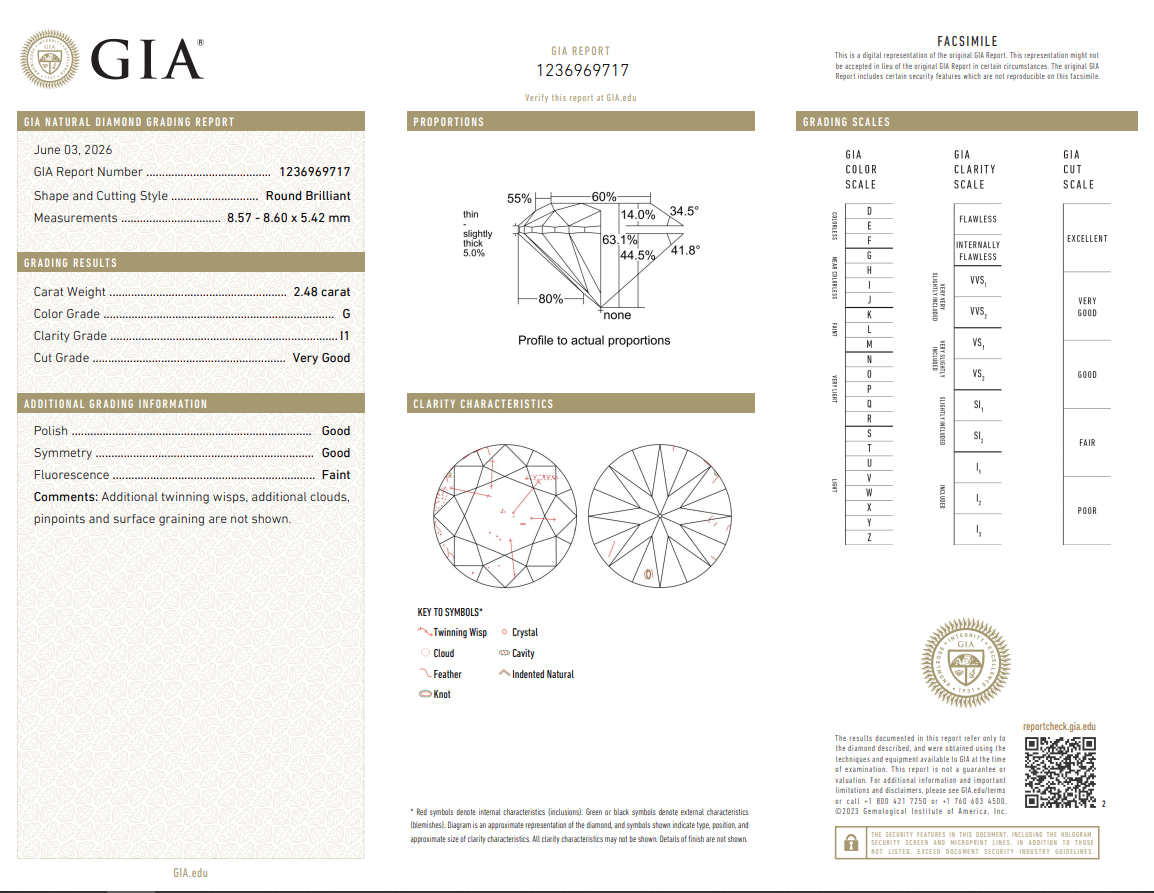 Loose Natural 2.48 Carat Round Brilliant Diamond GIA Certified G-I1