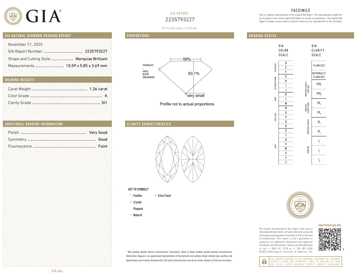 1.36 Ct Marquis Shape Diamond GIA Certified K-SI1 Natural