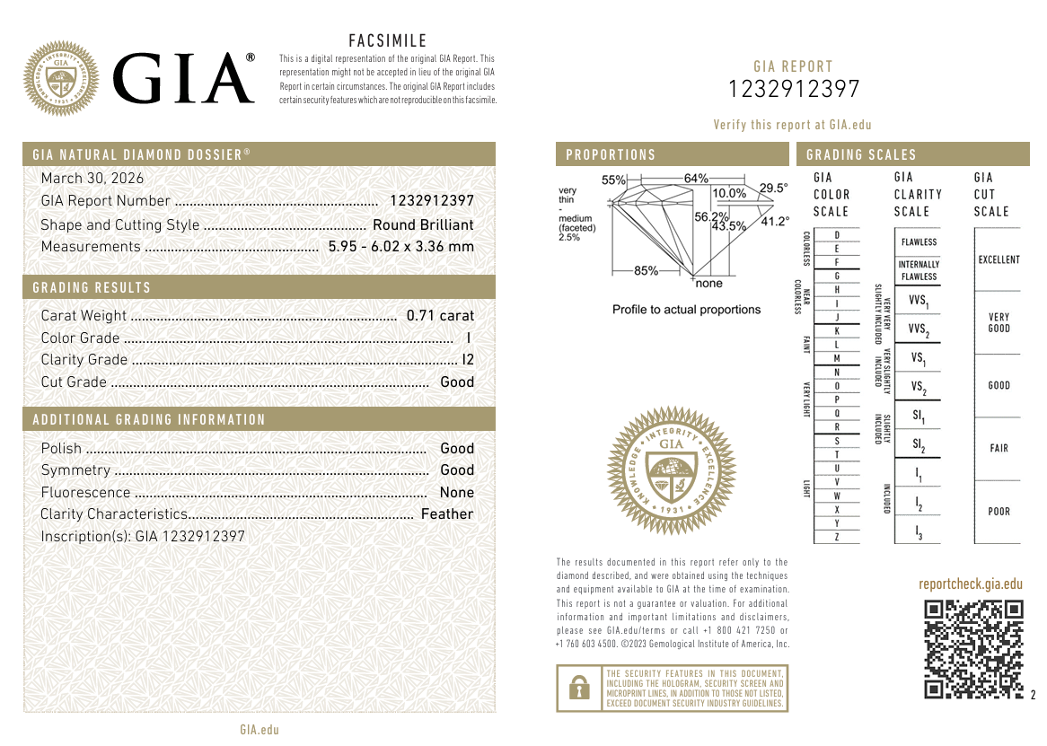 0.71 Carat Round Brilliant Diamond Natural Loose I-I2 GIA