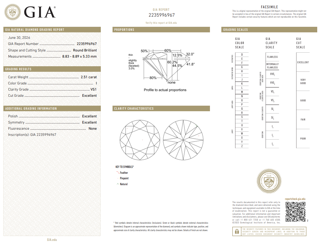 Loose Natural 2.51 Carat Round Brilliant Diamond GIA Certified I-VS1